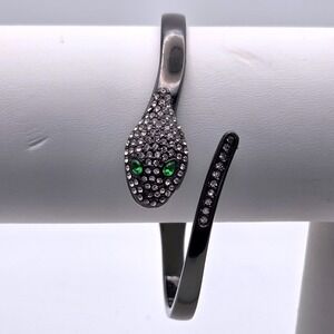 Gunmetal Snake Bypass Bangle Bracelet Green Crystal Eyes Rhinestone Serpent